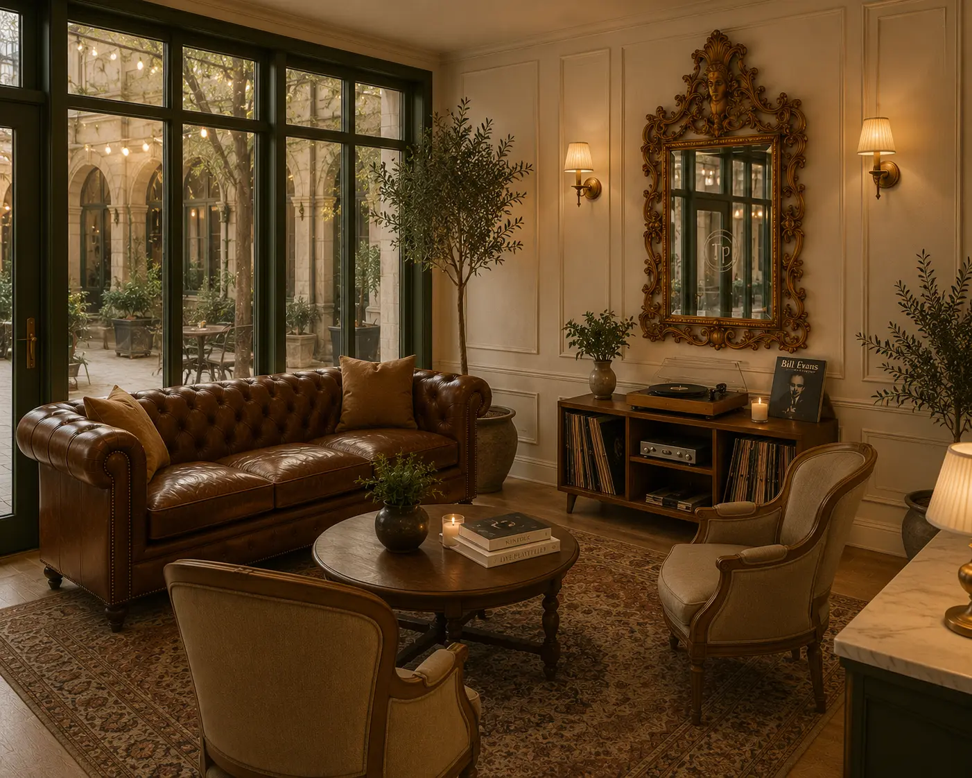 A leather chesterfield, record player and gilded mirror in the lounge