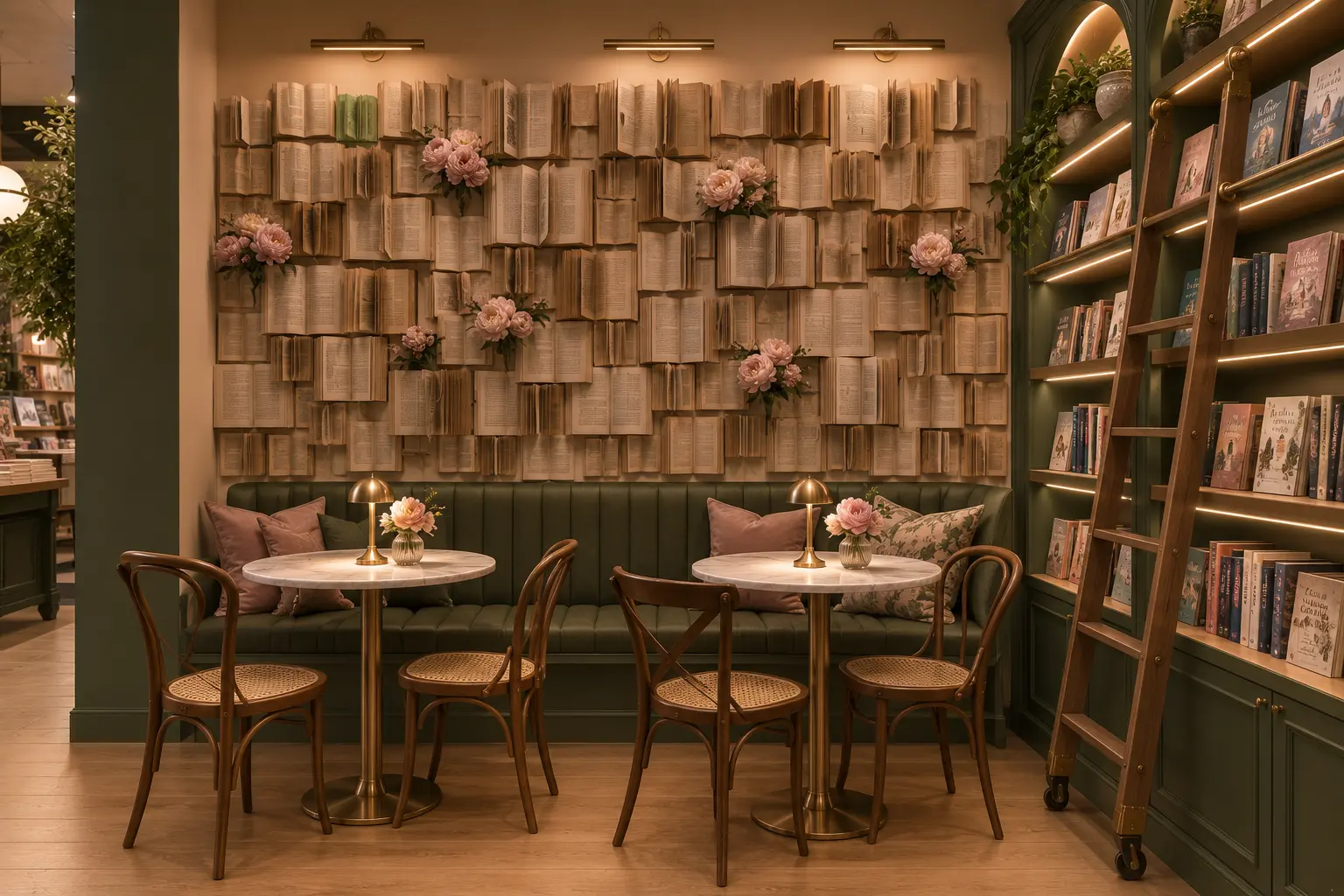 The reading room at D' Third Place, with a wall of open books and green banquettes