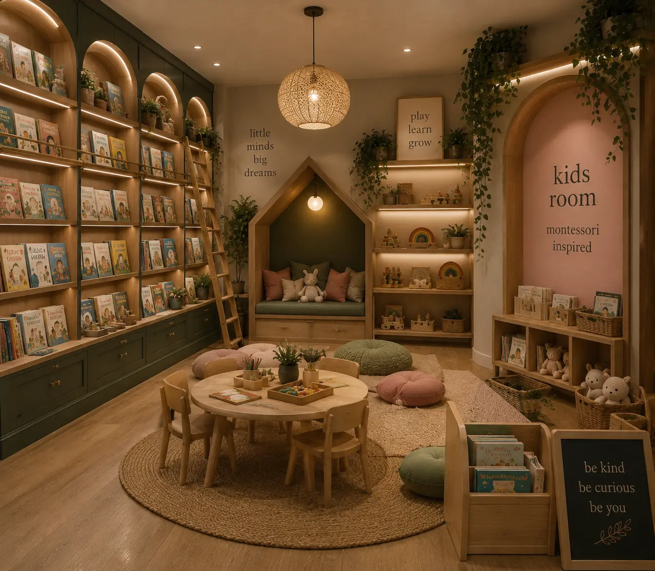 The Montessori inspired Kids Room with a reading nook and low shelves